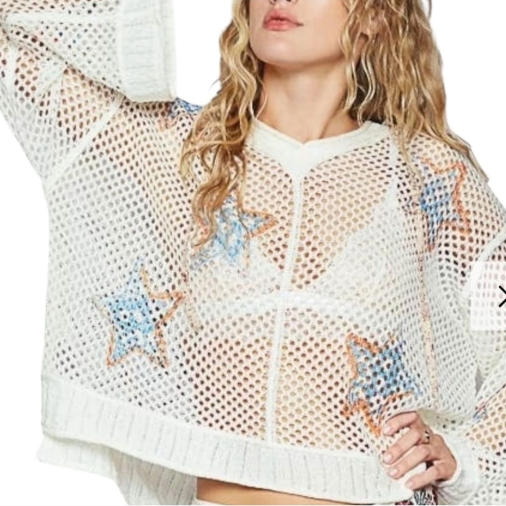 POL White Mesh Star Crochet Hoodie with Blue and Orange Accents